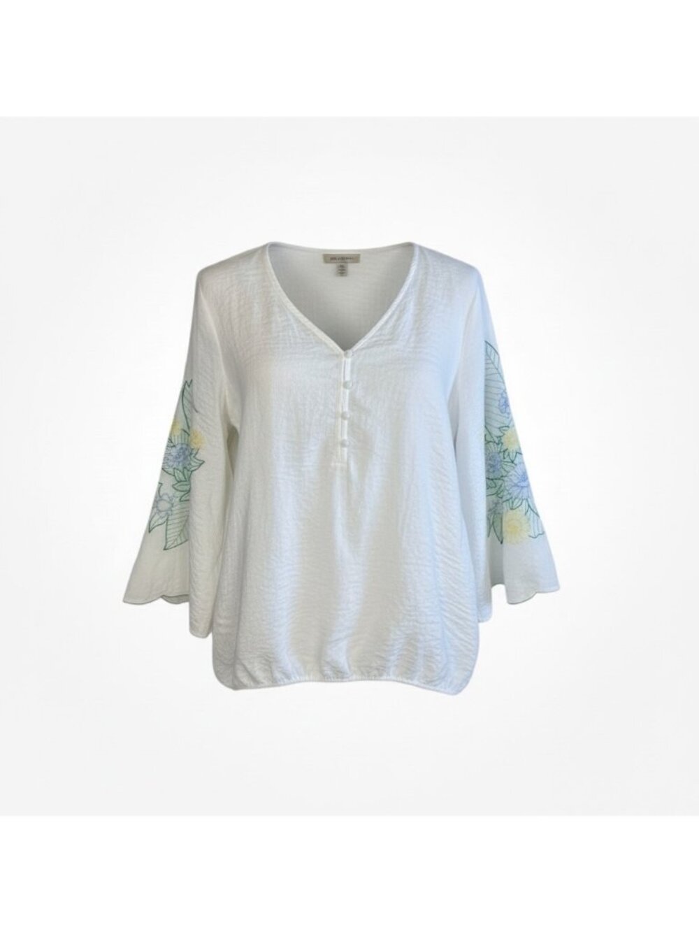 Liz Claiborne Women Floral Embroidery Blouse~Size Small~White Green Detail L3 14